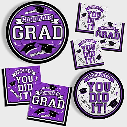Graduation Party Supplies Dinnerware Set purple Disposable dinner paper plates dessert paper plates and Napkins for Congrats Grad Party Decorations, Serve 50 - Image 3