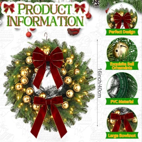 Norme Christmas Wreath for Front Door 16 Inch with Burgundy Bows Bells - Image 2