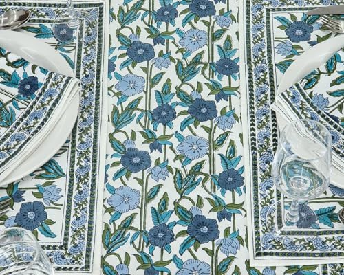72x180 Inches Rectangle Hand Block Printed Cotton Tablecloth, Blue Green Floral Table Cloths Washable, Indian Table Linen for Halloween Christmas Outdoor Thanksgiving Gifts Home Decor Dinning Outdoor - Image 4