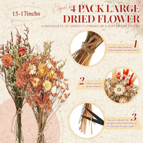 Layhit 4 Pack Large Size Boho Dried Flowers 15-17 Inch, Gerbera Daisy - Image 2