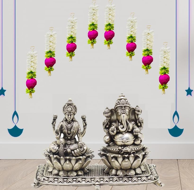 Divyakosh Lotus Hanging Gajra Set of 8 | Small 10 Inch Off-White Fabric Floral Wall Hangings | Temple & Pooja Room Decoration Items | Backdrop Decor for Festivals & Diwali - Image 6