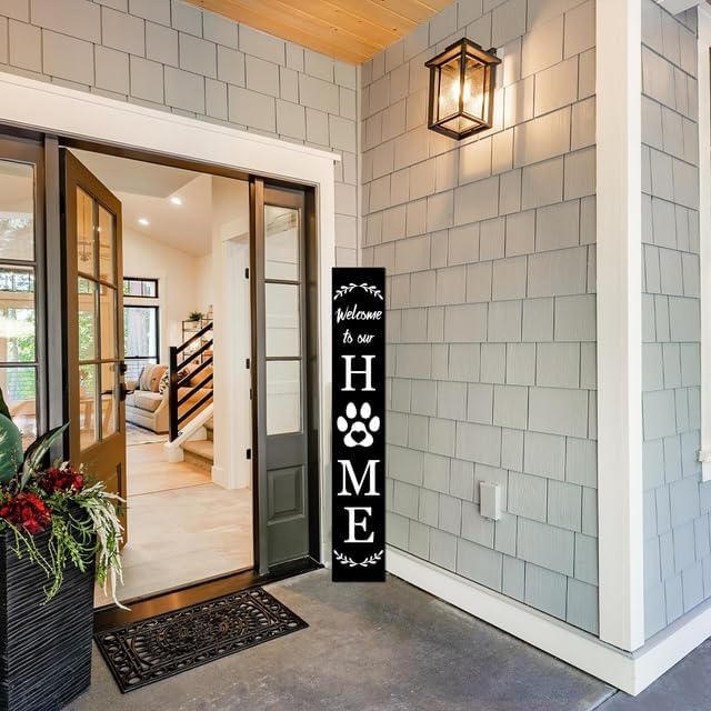 Welcome To Our Home Sign For Front Porch Standing Large Rustic Farmhouse Outdoor Tall Wood Framed Vertical Paw Print Welcome Signs Modern Outside Front Door Wall Decor - Image 2