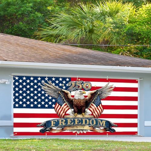 16x7 ft American 250th Anniversary Eagle Garage Door Banner - Patriotic Bald Eagle with “Freedom” & 250 Over Stars and Stripes Backdrop, Hanging Decor for 2026 July 4th & National Celebration, Large Outdoor Wall Sign - Image 3