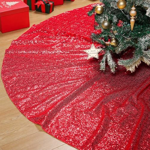 Libima 84 Inch Red Large Christmas Tree Skirt Oversized Sequin Xmas Glittery Round Gorgeous Ornaments Skirts for New Year Holiday Party by Libima