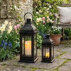 JHY DESIGN 13''&19.5''H Decorative Candle Lanterns Set of 2 Vintage Hanging Lantern Metal Candle Holder for Garden Living Room Indoor Outdoor Parties Weddings Balcony(Black with Gold Brush) - Image 5
