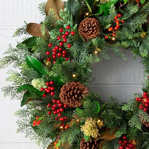 Balsam Hill Outdoor Magnolia Ridge 28" Christmas Wreath - Holiday Elegance Front Door Wreath with Magnolia Leaves, Succulents & Battery-Operated LED Clear Lights - Image 2