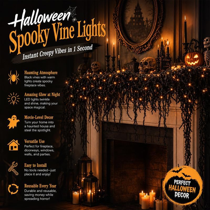 Spooky Chic: Halloween Fireplace Decor Set,Spooky Gothic Vine Lights Fireplace Mantel Decoration Set, Halloween Seasonal Display for Indoor Home, Haunted House,Party (Extra Large) - Image 2