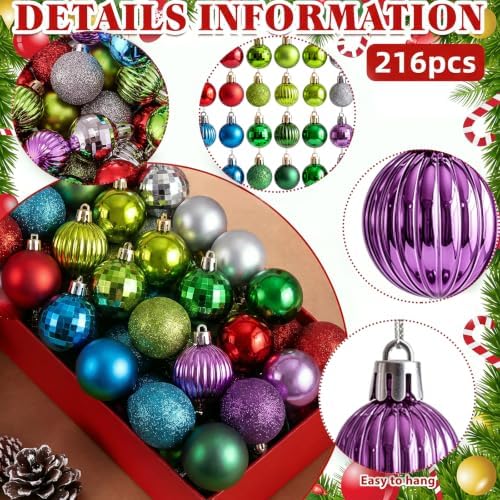 Shappy 216 Pcs Mini Christmas Ball Ornament 1.18 Inch,Mixed Colors - Image 3