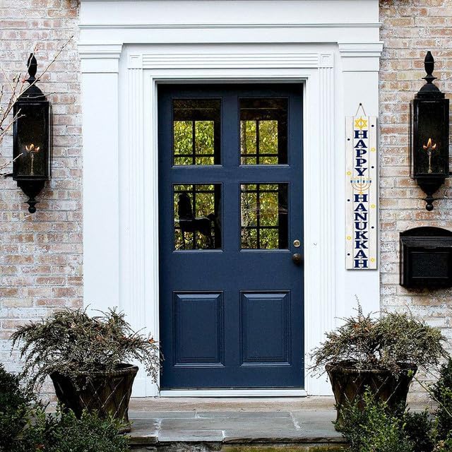 FemiaD Hanukkah Decorations Vertical Wooden Hanukkah Porch Sign Happy Hanukkah Porch Décor Standing Hanging Holiday Party Signs Wall Door Decorations Chanukah Wood Welcome Sign for Home 8x63inch - Image 5