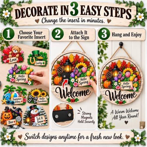 16Pcs Interchangeable Welcome Sign for Front Door Decor, Wreaths for Front Door, 12 Inch Magnetic Round Wooden Door Hanger, Farmhouse Porch Decor for Spring Summer Fall Winter Christmas (Style-1) - Image 3