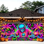 7x16FT Halloween Neon Skull DJ Garage Door Banner UV Reactive Fluorescent Skeleton DJ Garage Door Cover Decoration for Hallowen Decoration - Image 7