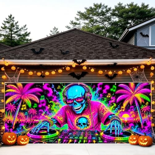 7x16FT Halloween Neon Skull DJ Garage Door Banner UV Reactive Fluorescent Skeleton DJ Garage Door Cover Decoration for Hallowen Decoration - Image 7