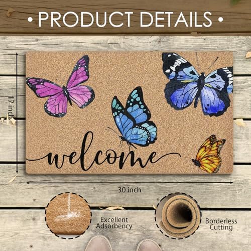 Butterfly Coco Coir Doormat Door Welcome Mat for Home Entrance Front Door, Cute Rustic Colorful Butterfly Welcome Floor Mats for Outdoor Outside Entryway 30x17 Inch - Image 3