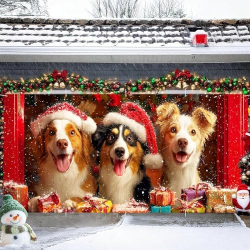 Dogs Garage Door Banner 16x7 Ft - Puppies in Santa Hats with Gifts for Double Car Garage Decor - Image 2