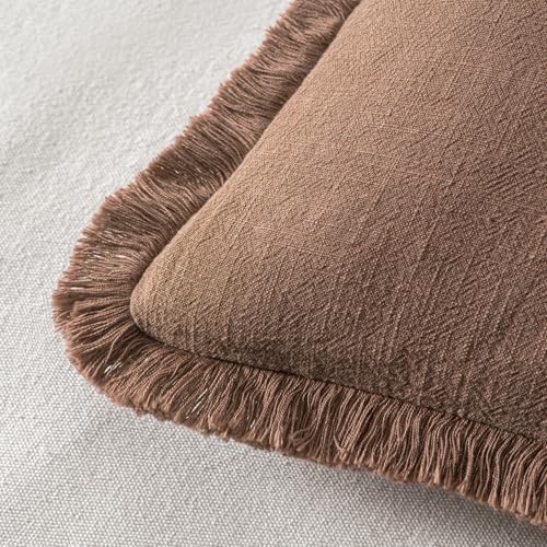 MIULEE Linen Fringe Decorative Fall Euro Pillow Covers Dark Coffee 22x22 - Image 3