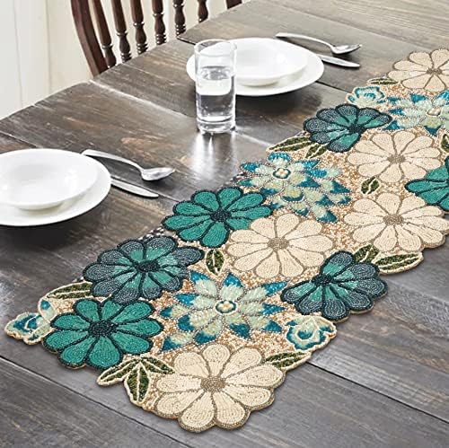 lightnpro Chrtistmas Beaded Table Runner, Christmas Table Runner, Rustic Farmhouse Hand Beaded Runner to Decorate Xmas Wedding Family Party Thanksgiving Dinner Table Décor - 13x36 Inch - Teal Combo by Lightnpro