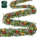 Super Long 8 Modes & Timer 18 Ft Prelit Christmas Garland for Outdoor Indoor Stair Porch 100 Warm White Lights 470 Realistic Snowy Branch Tips Red Berries Pinecone Xmas Garland Decorations Door Mantle by AMENON