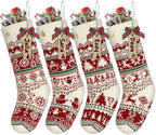 LIBWYS Knit Christmas Stockings with Patterns Reindeer, Tree, Snowflake, Snowman-4 Pack 18 Inch Large Knit Stockings, Personalized Christmas Stockings with DIY Name Tags for Family Holiday Decor by LIBWYS