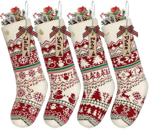 LIBWYS Knit Christmas Stockings with Patterns Reindeer, Tree, Snowflake, Snowman-4 Pack 18 Inch Large Knit Stockings, Personalized Christmas Stockings with DIY Name Tags for Family Holiday Decor by LIBWYS
