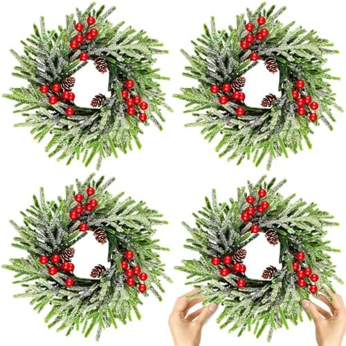 4 Pcs Christmas Wreath 10 Inch Green Artificial Wreaths Red Berry Pinecones Wreaths for Front Door Cabinets Wreath Indoor Outdoor Wall Decor Christmas Wall Home Decoration by Gosodeny