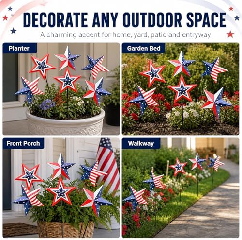 6 Pcs 4th of July Decorations Outdoor,19" Patriotic Metal Barn Stars Decorative Garden Stakes for Independence Day,Americana Patriotic Yard Signs Decor for Garden Lawn Porch - Image 5
