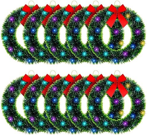 Jetec 10 Pcs 12" Lighted Christmas Wreath with Red Bow Bulk, Green by Jetec