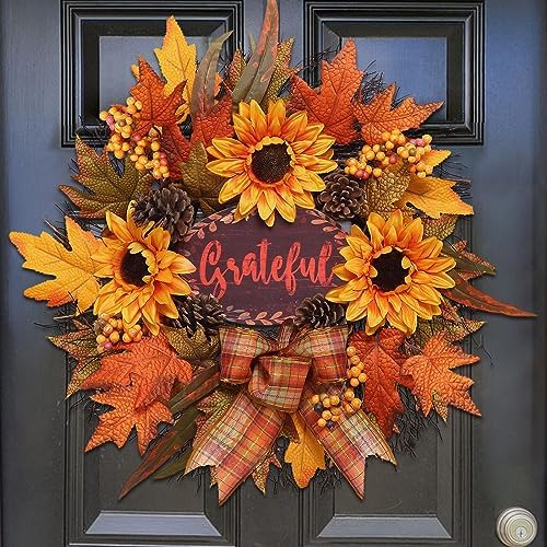 Fall Wreath for Front Door, Autumn Sunflower Wreath, Harvest Decor by Vofuly