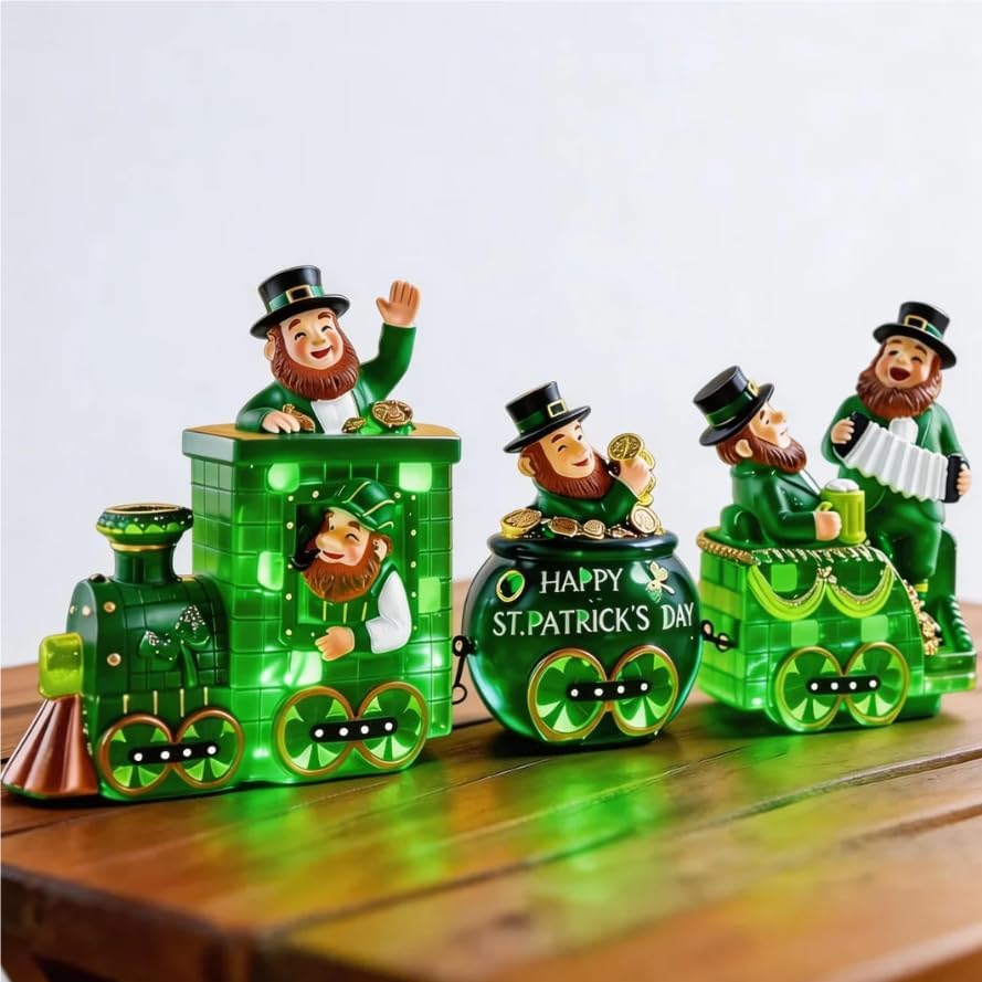 YIYA 3 Pcs Ireland St Patricks Day Decorations Train Figurine with Lighted Leprechaun Irish Resin Tabletop Centerpiece Decor for Home Tiered Tray Decor by Unknown