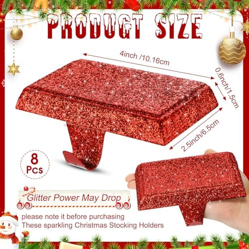 Huwena 8 Pack Christmas Glitter Stocking Holders Metal Weighted Red - Image 2