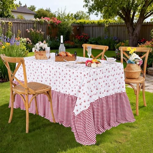 Red Ruffle Tablecloth Plaid Table Cloth - 90 x 132 Inch Waterproof Tablecloths Rectangle Washable Polyester Red bow Table Cover for Birthday Wedding Dinner Picnic Mother's Day Party Decoration - Image 5