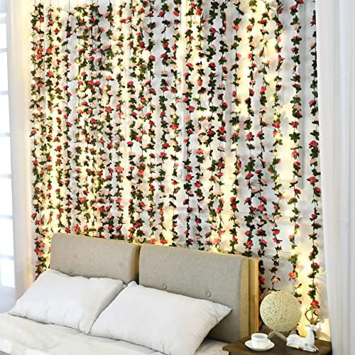 BLEUM CADE 8Pcs 16.4Ft Fake Flower Garland Faux Rose Vines with Lights - Image 2