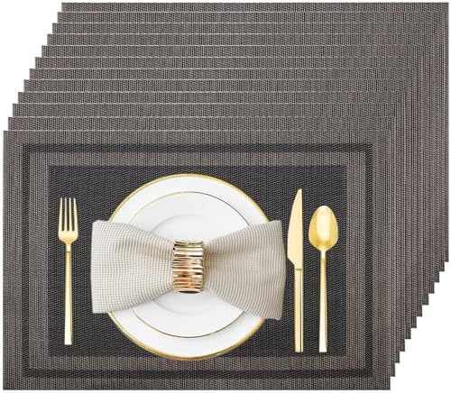 Black Gold Vinyl Placemats Set of 12, Heat Resistant Table Placemats by Uolr