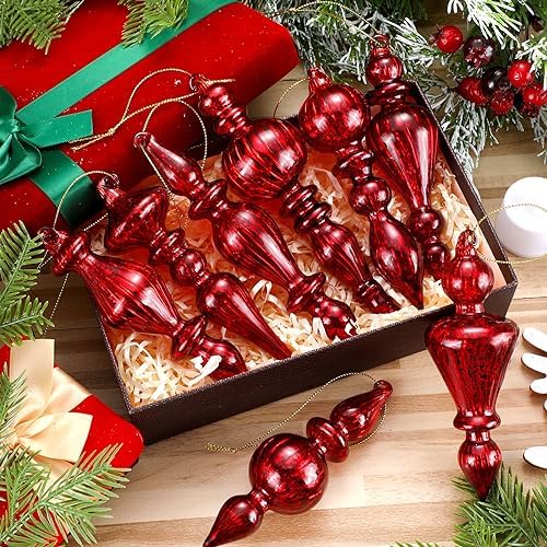 Mifoci 8 Pcs 6 Inch Mercury Glass Finial Christmas Ornaments,Red - Image 3