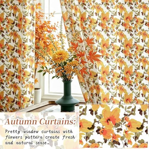 youleyar Fall Curtains for Living Room, 72 Inch Length Rod Pocket Printed Pattern Fall Curtian Panels, Autumn Orange Floral Window Drapes for Bedroom Dining Room Drapes, 52" W x 72" L - Image 4