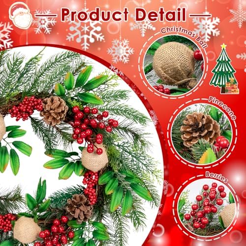 Christmas Wreaths for Front Door Decor Flower, 20" Berries Winter - Image 4