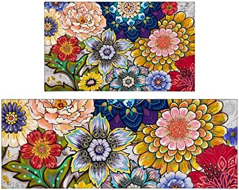 Boho Large Floral Kitchen Rugs Set 2 Piece Colorful Decorative Rug Runner Low-Profile Floor Mats Decorations for Home Kitchen(17"x48"+17"x30") by Xsinufn
