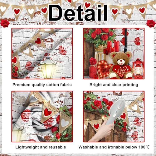 Mocsicka Rustic Wood Door Red Roses Backdrop Love Hearts Brick Wall Background Romantic Valentine's Day Party Decoration Supplies Photo Booth Props (10x6.5ft) - Image 3