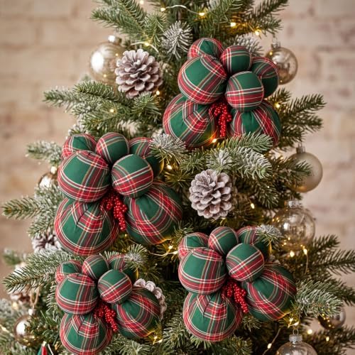 4 Set Large Green Buffalo Plaid Christmas Ball Cluster Fabric Ball Ornament - Image 3