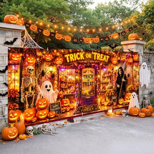 7x16FT Halloween TRICK OR TREAT Garage Door Banner Skeleton Witch Ghost Happy Hallowen Garage Door Cover Decoration for Hallowen Decoration - Image 5