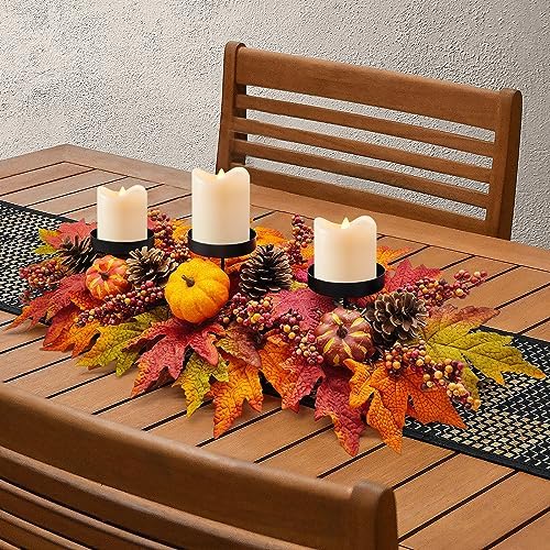 Fall Centerpiece Table Decorations, 27.5'' L Assorted Artificial Pumpkins, Pine Cones, Berries, and Autumn Leaves Harvest Table Candle Holder for Dinning Table, Fireplace Mantel (Candle Not Included) - Image 5
