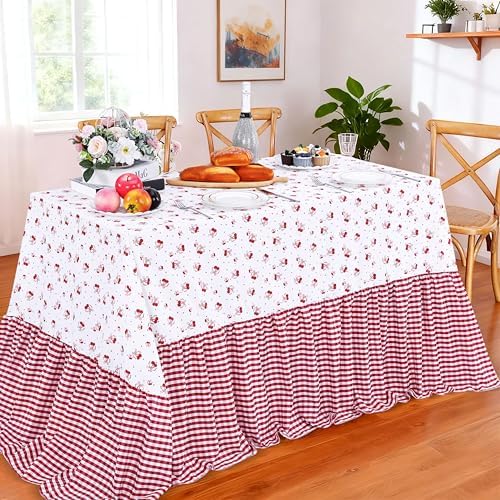 Red Ruffle Tablecloth Plaid Table Cloth - 80 x 120 Inch Waterproof Tablecloths Rectangle Washable Polyester Red bow Table Cover for Birthday Wedding Dinner Picnic Mother's Day Party Decoration - Image 3