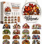 16 Pcs Interchangeable Welcome Sign for Front Door, Round Wood Sign by Unknown