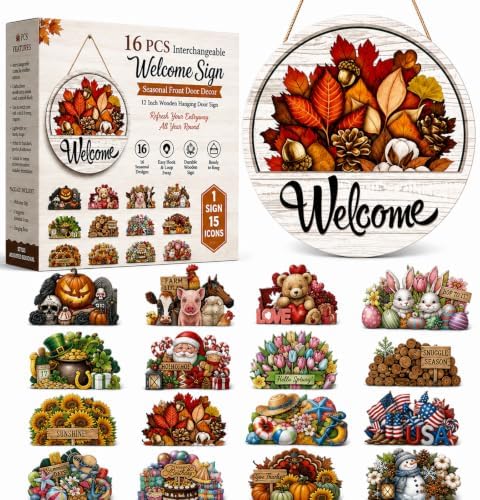16 Pcs Interchangeable Welcome Sign for Front Door, Round Wood Sign by Unknown