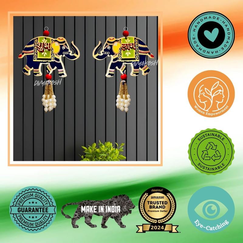 Divyakosh Door Hangings for Home | 2 Pair (4 Pieces), Blue, Size - 5 Inch each| Temple & Pooja Decoration Items, Elephant Shubh-Labh Hanging Wall/Door Decoration - Image 6