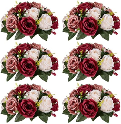 Nuptio Artificial Flower Centrepieces for Tables - 6 Pcs Burgundy & Dusty Rose & Creamy White Fake Flowers Roses Balls 9.5in Diam - Silk Faux Rose Arrangement for Wedding Party Centerpiece Table Decor by Nuptio