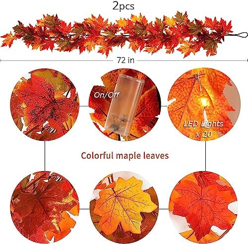 Glitzhome 2Pcs Fall Maple Leaves Garland with Lights，Fall Thanksgiving Decorations Garland with Timer for Home Porch Front Door Table Mantle Outdoor Autumn Harvest Halloween Decor, 6Ft 20LED - Image 2