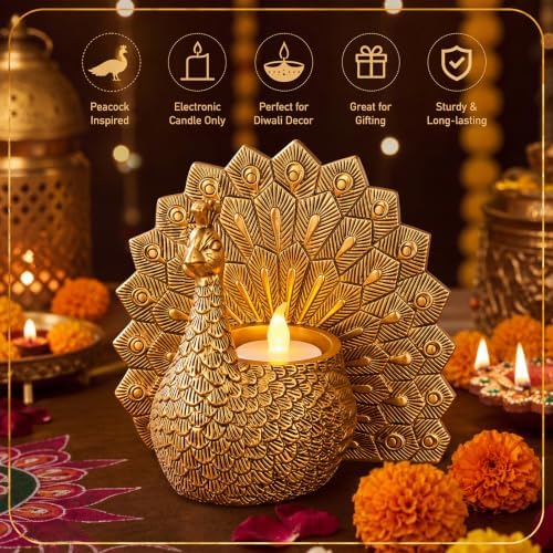 Sawysine Antique Diwali Peacock Decor Gold Peacock Tealight Candle Holder - Image 5