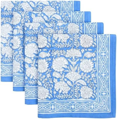 ATOSII Azora Blue 100% Cotton Fall Cloth Designer Dinner Napkins, Handblock Print, Washable Durable Linen for Everyday Use Wedding Parties Outdoors Christmas Thanksgiving I 20 X 20 Inches I Set of 4 by ATOSII