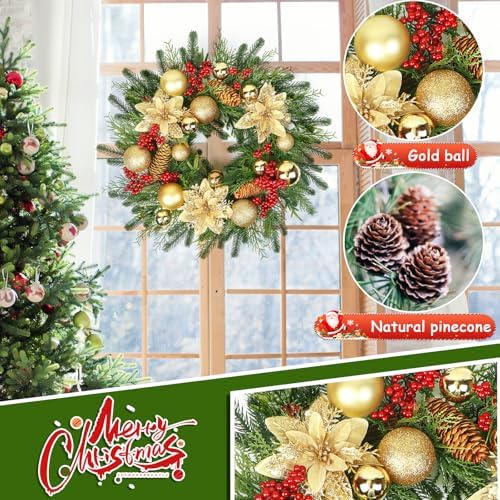 20'' Christmas Wreaths for Front Door, Gold Ball and Flower, Red Berry Decor for Indoor Outdoor Home Christmas New Year - Image 3