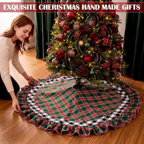 Blueweenly Christmas Tree Skirt, 48 Inch, Red Plaid with Ruffle Edge - Image 5